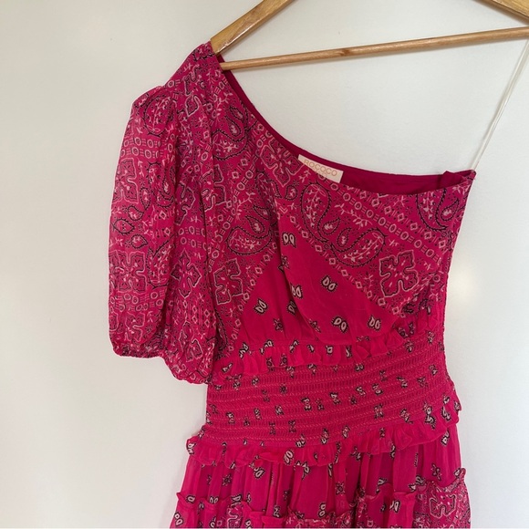 Rococo Sand One-Shoulder Pink Chiffon Mini Dress Smocked Waist Ruffle Hem Sz M - Picture 3 of 5